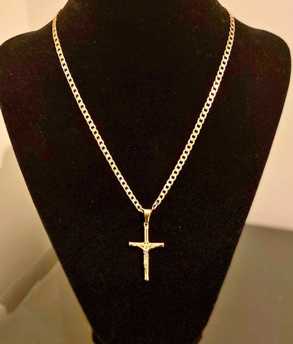 4mm Cuban Link 18ct Gold Filled Crucifix Pendant Necklace